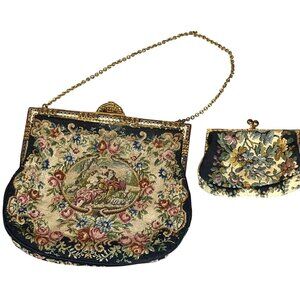 Antique Handmade Floral Needlepoint Tapestry Handbag &amp; Small Coin Purse with